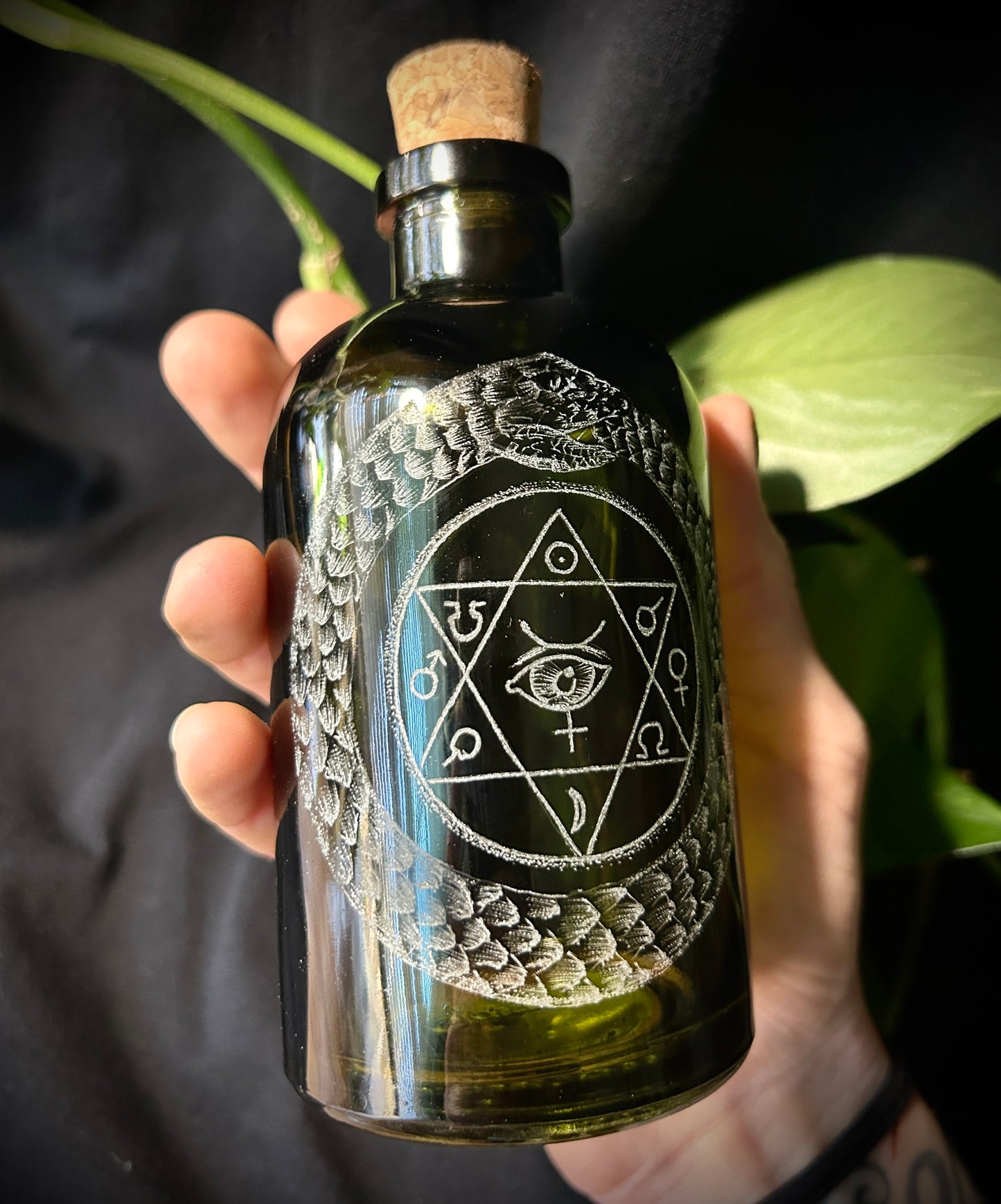 Ouroboros Hand etched bottle