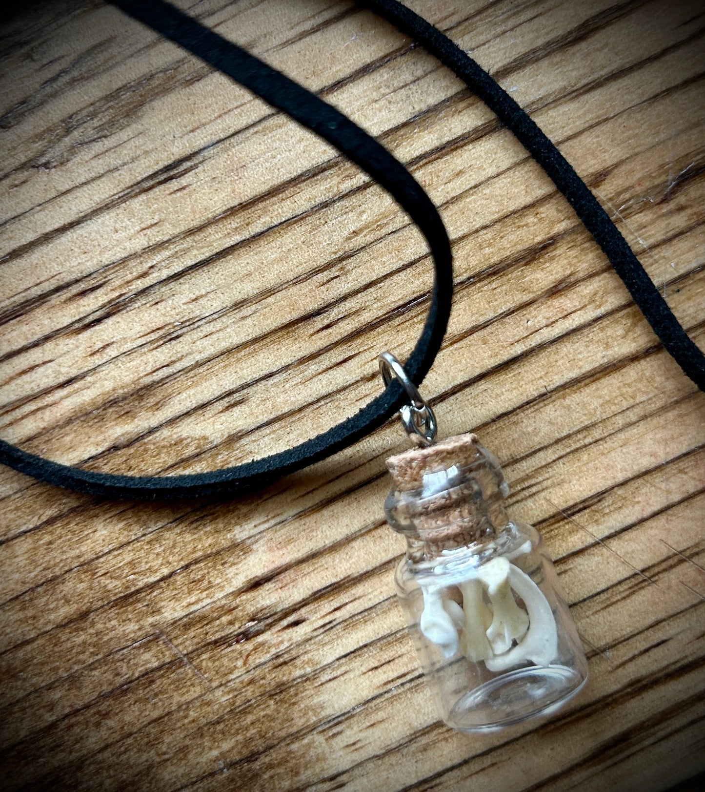Curio bottle with bones pendant