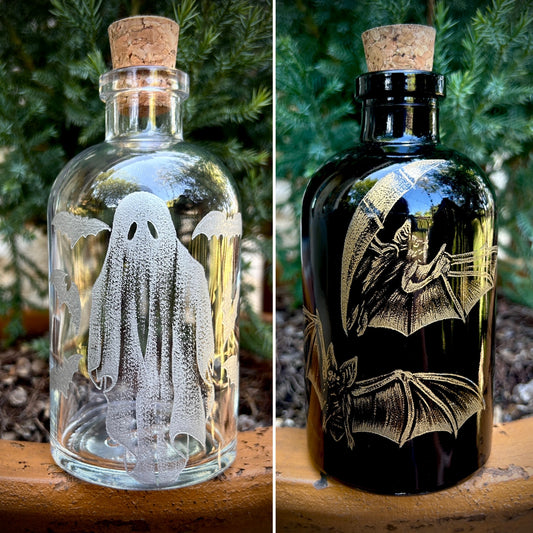 Halloween hand etched bottle