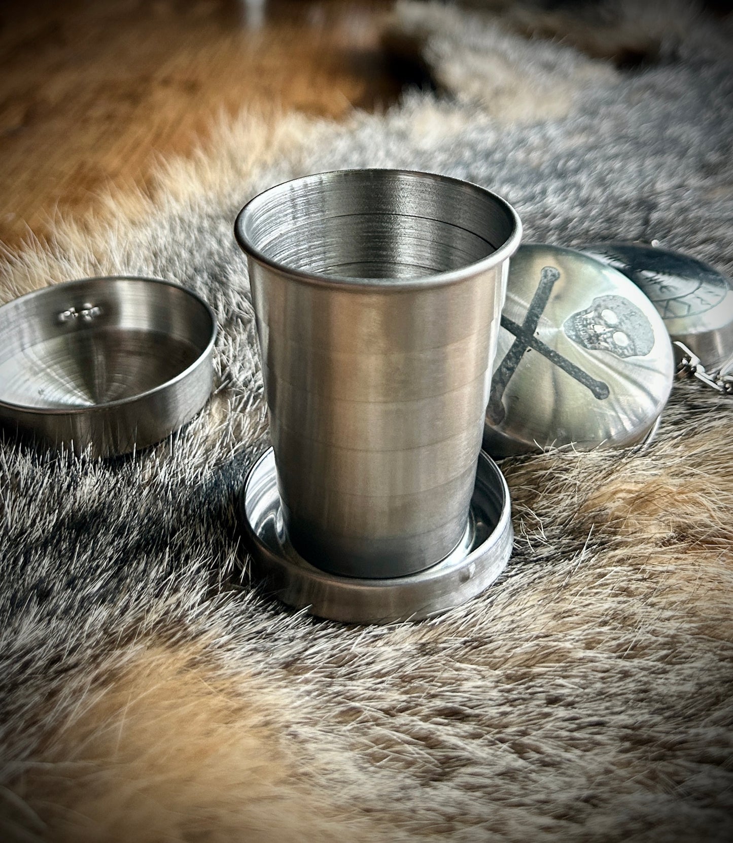 Collapsible etched keychain shot glass