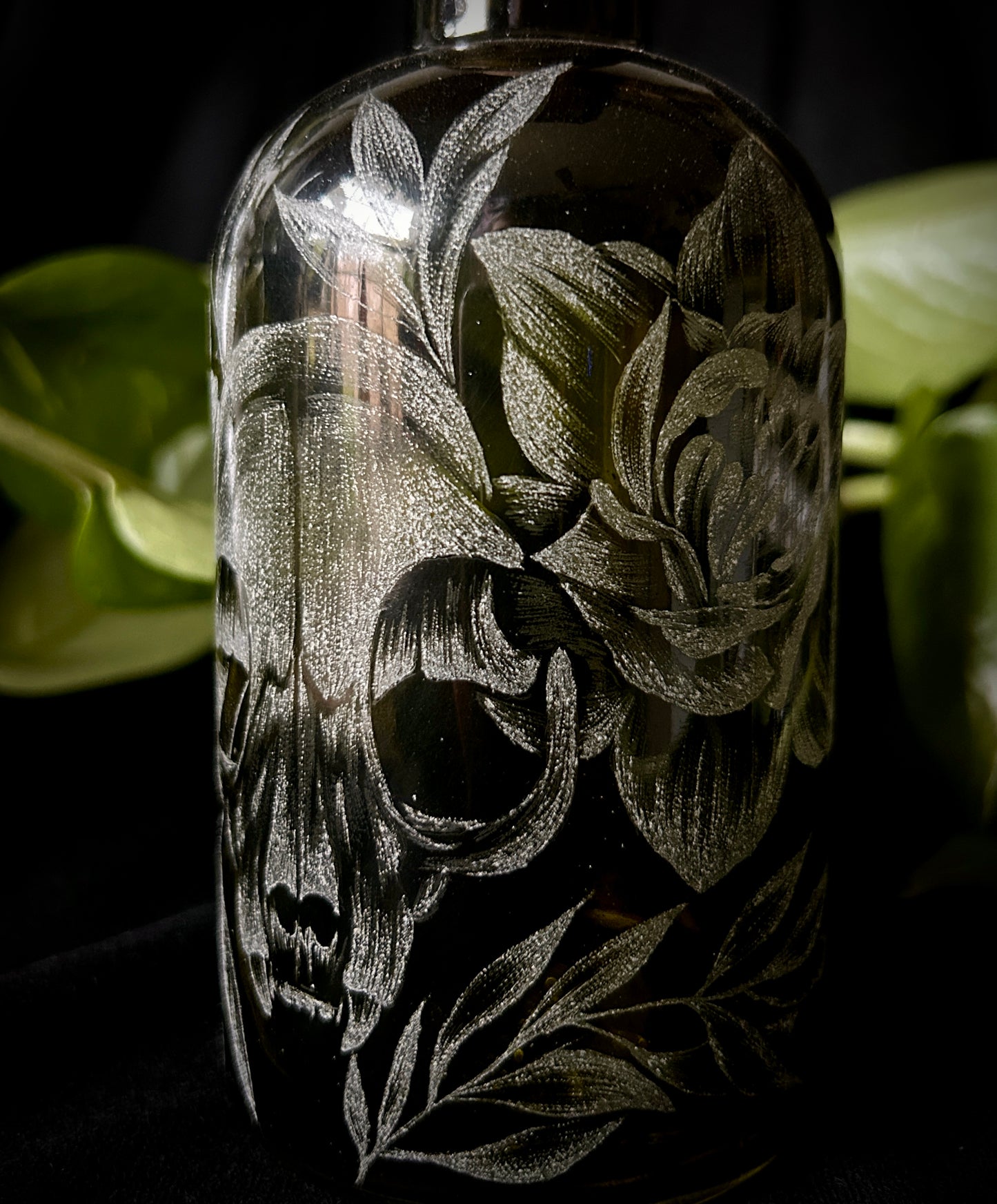 Cat Skull Hand-Etched Bottle
