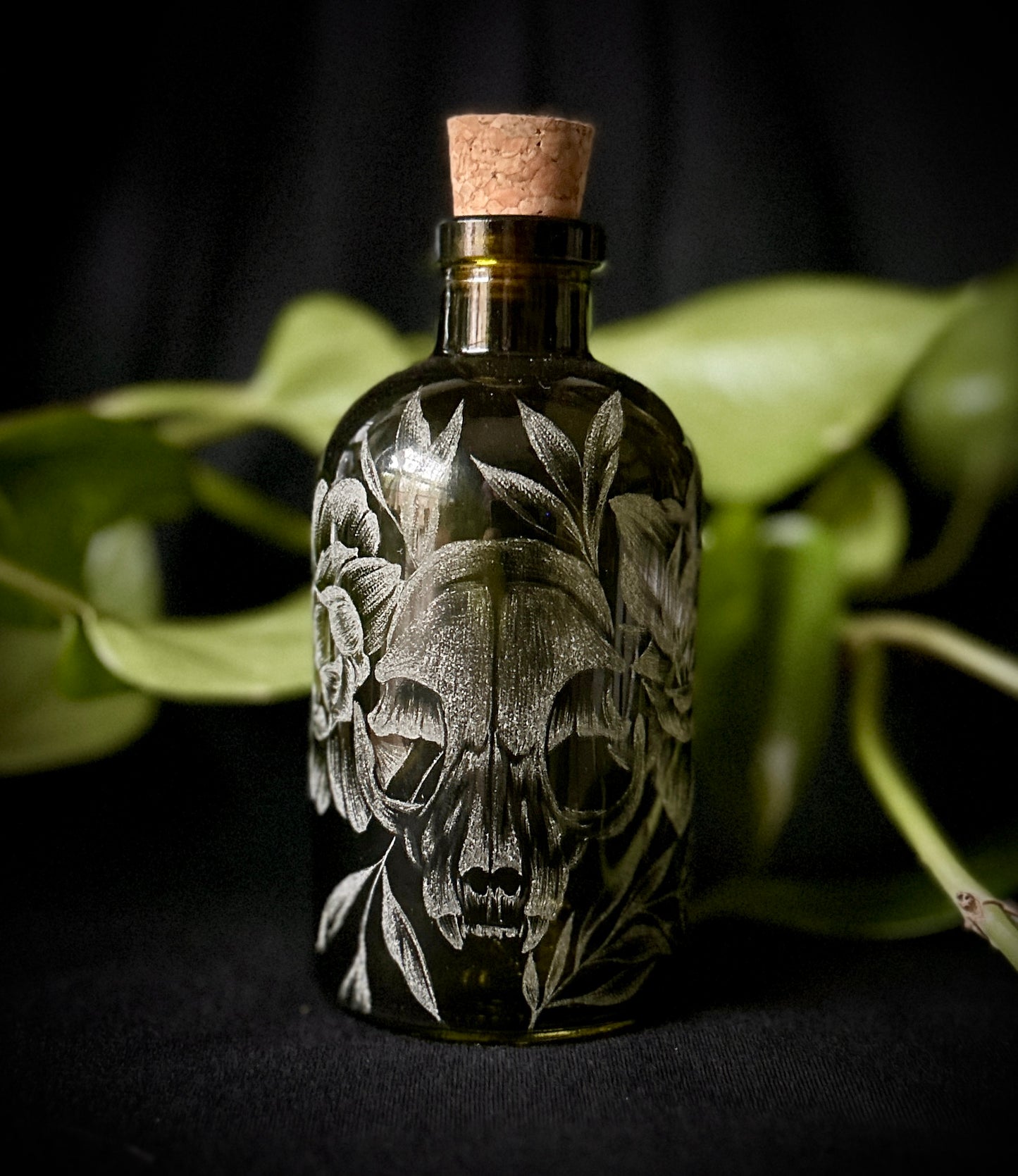 Cat Skull Hand-Etched Bottle
