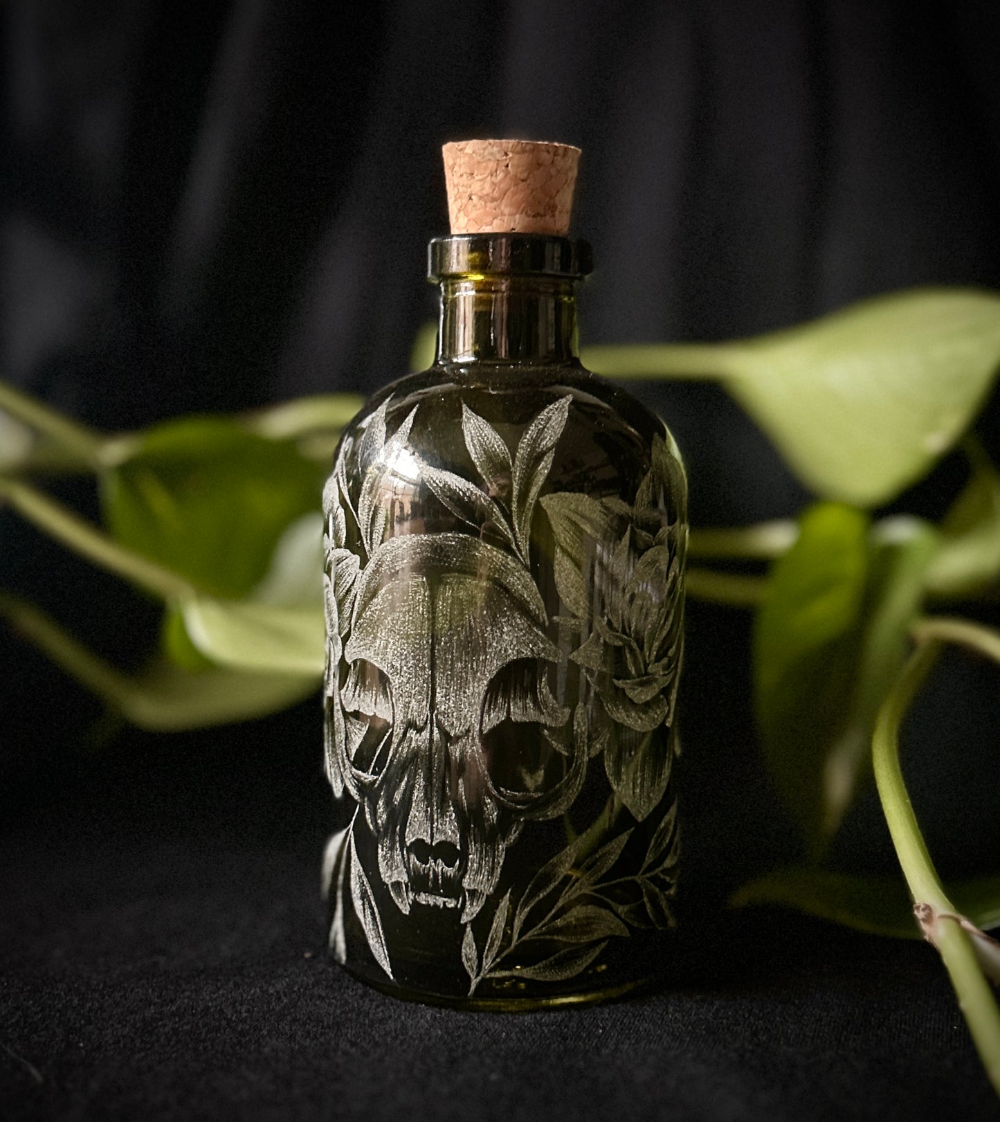 Cat Skull Hand-Etched Bottle