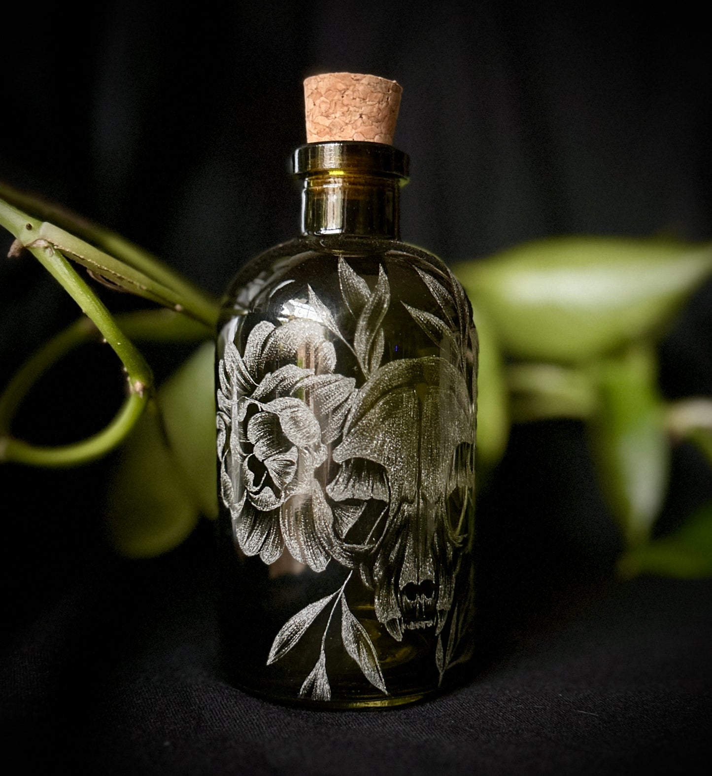 Cat Skull Hand-Etched Bottle