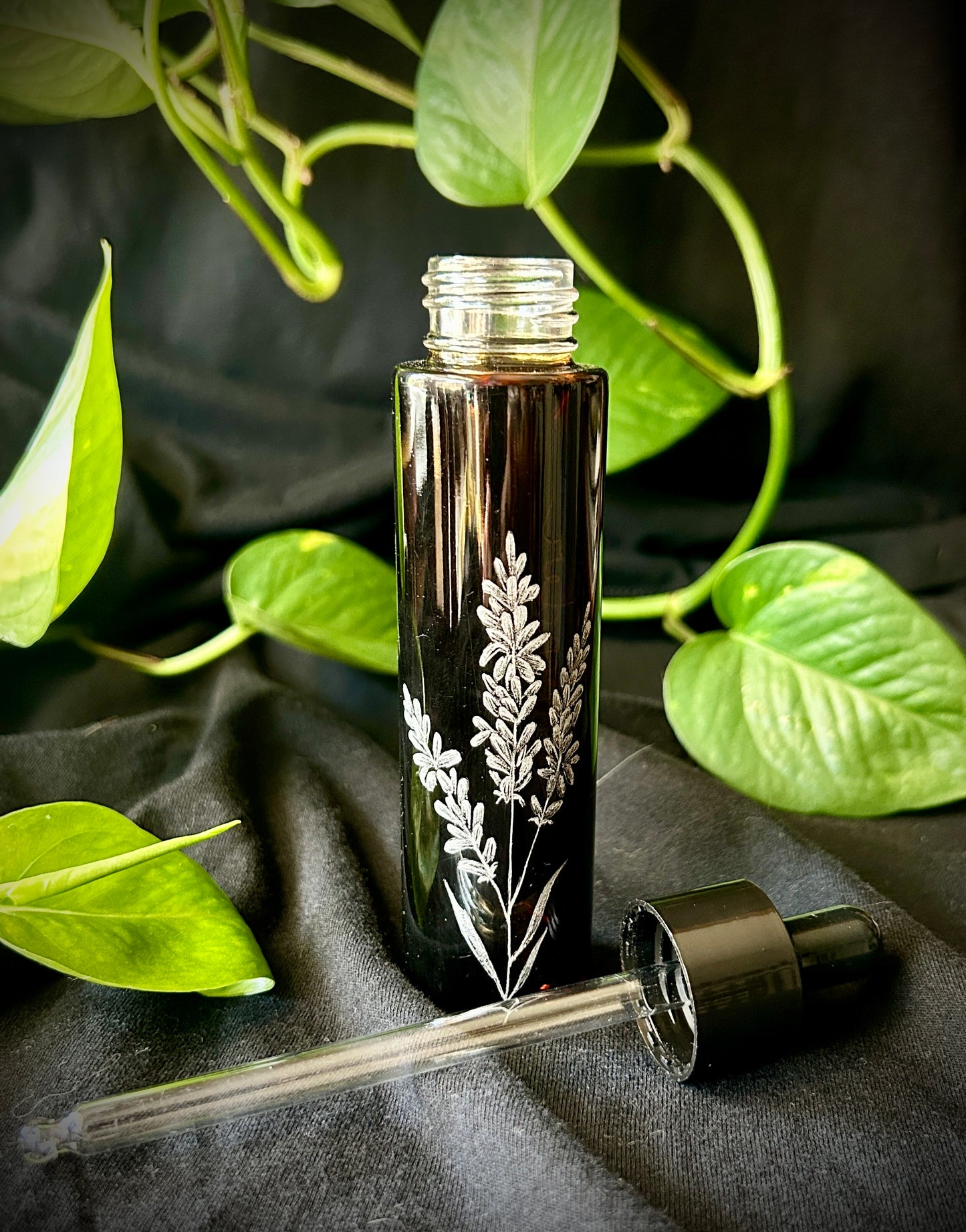 Lavender hand-etched glass dropper bottle